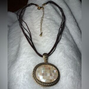 Lia Sophia Gold-Tone Mother of Pearl Mosaic Pendant with Brown Multi-Strand Cord